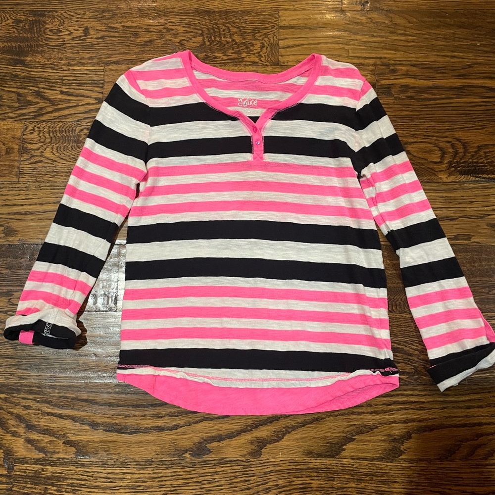 Justice Long Sleeve Tee in Pink and Black with Striped Pattern. Size 16.